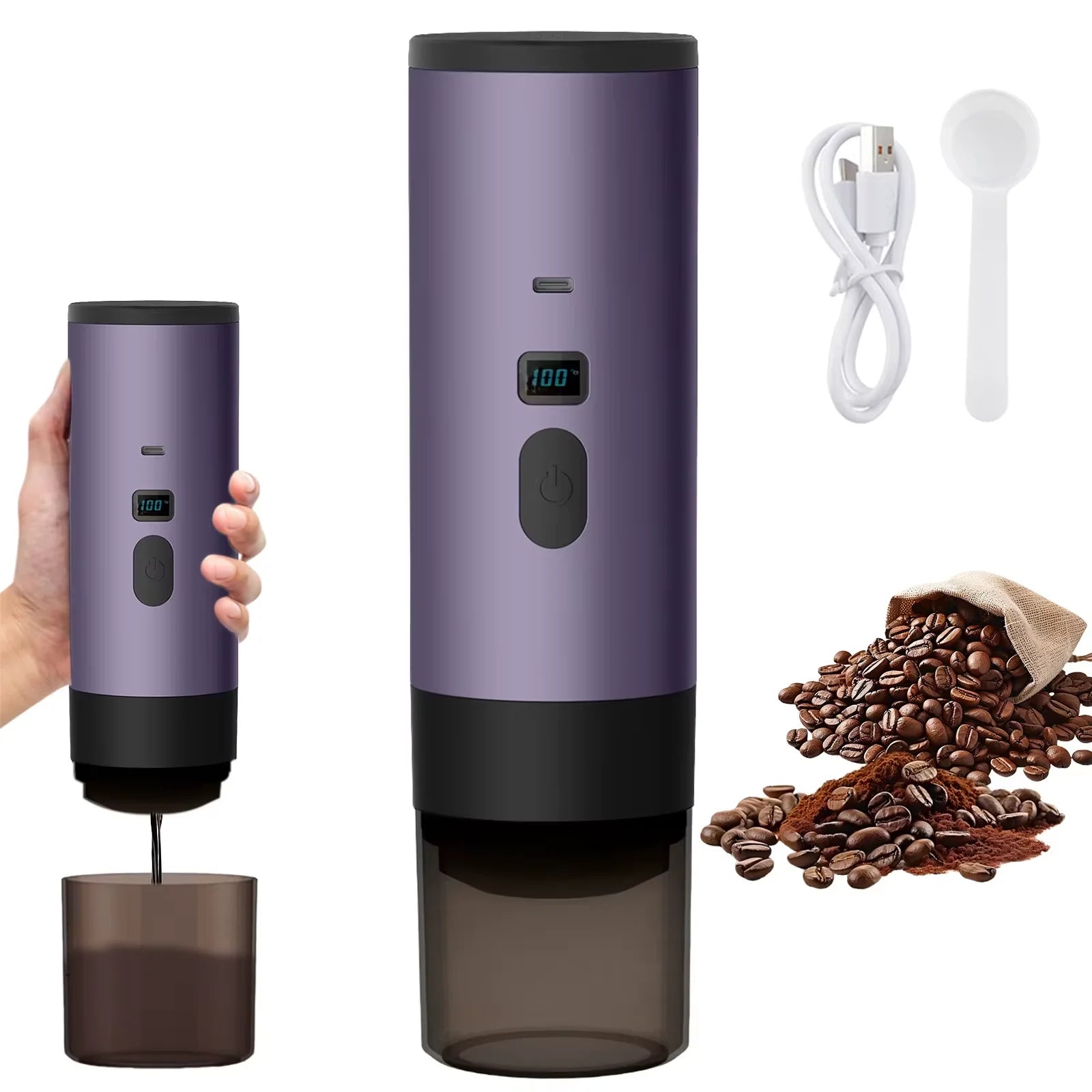 Purple portable electric coffee maker with digital display, USB charging cable, scoop, and coffee beans.