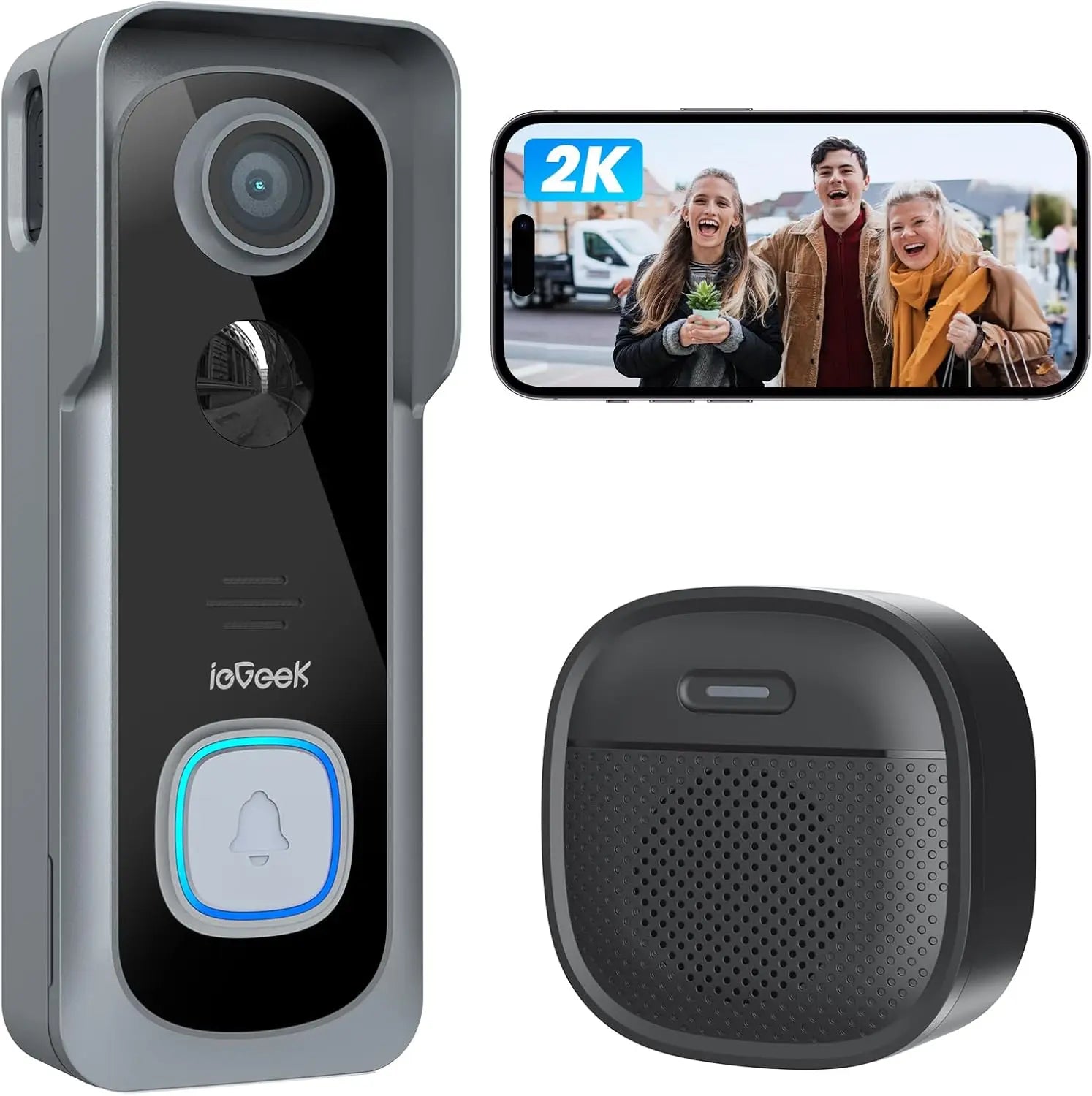 ieGeek Doorbell Camera Wireless No Monthly Fee, 2K HD Video Doorbell with Indoor Chime, Smart Human Detection Instant Alert, Clear Night Vision