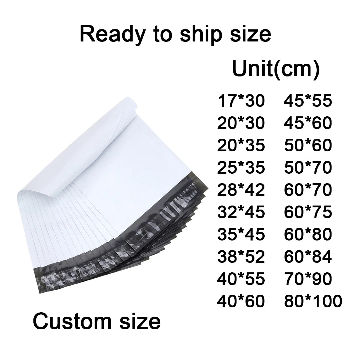 White poly mailer bags with black bottom edge, ready to ship size chart, waterproof