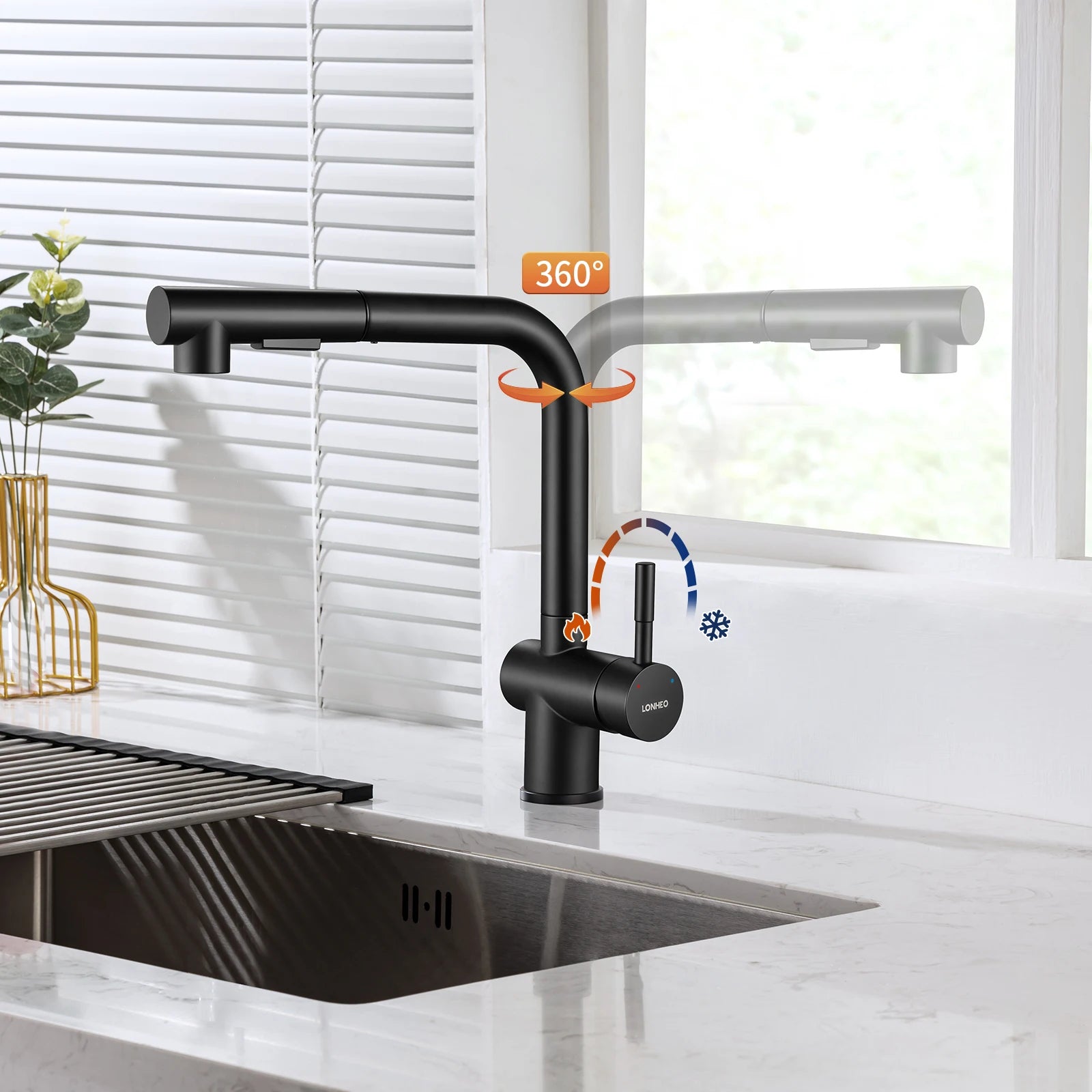 Kitchen Tap Black, L-Shape Pull Down Kitchen Faucet 360 Swivel, 3 Modes Spray Hot Cold Water Mixer, 304 Stainless Steel Sink Mixer, Neoperl PEX Hose, Standard G3/8 Modern Home Laundry Deck Mounted Matte Black Tap