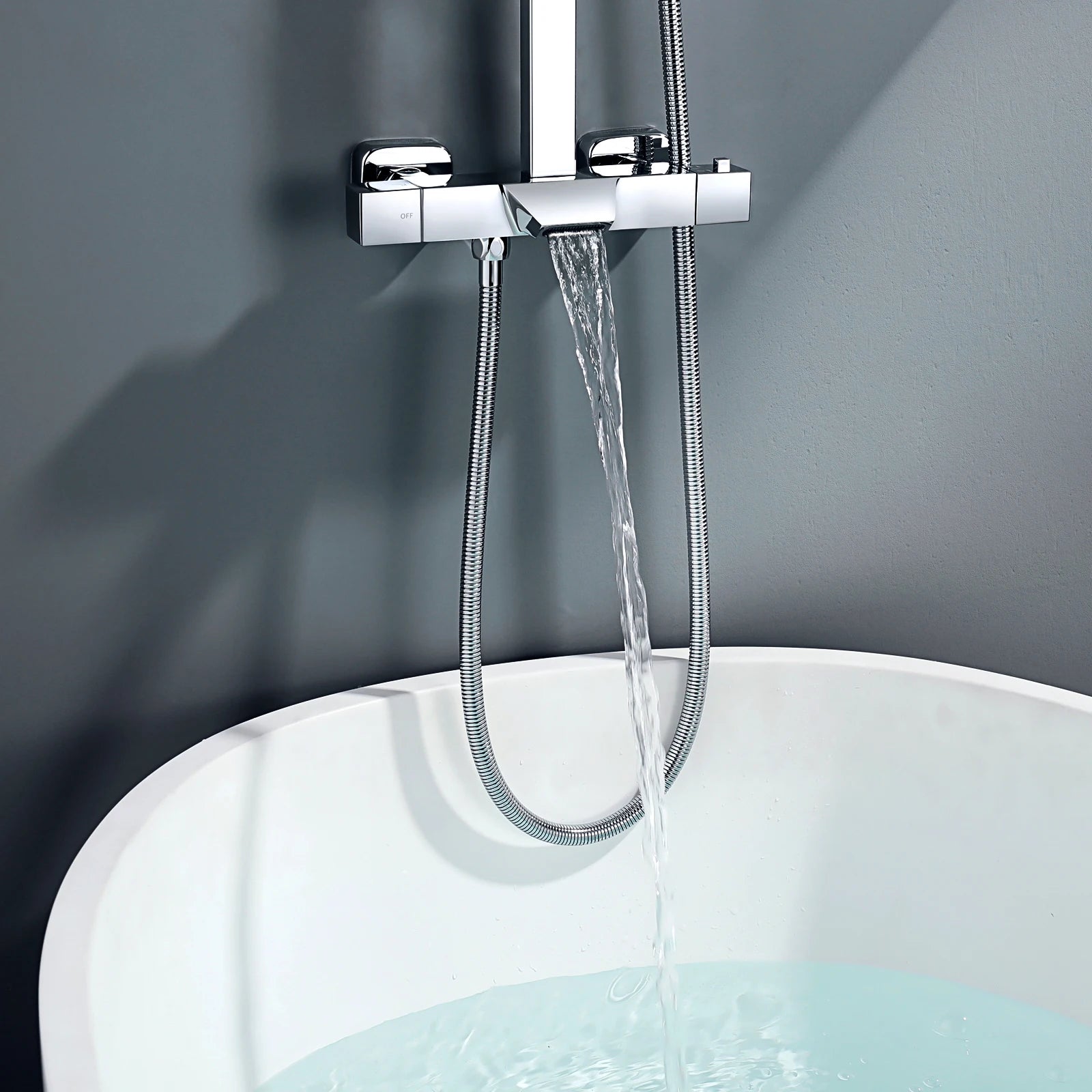 Shower Column with Thermostatic faucet, Wall-mounted Shower System, 30 × 20 cm Rain shower head, suitable for bathtubs