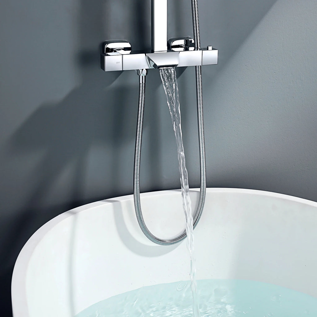 Shower Column with Thermostatic faucet, Wall-mounted Shower System, 30 × 20 cm Rain shower head, suitable for bathtubs
