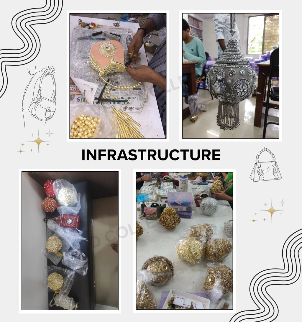 Artisan crafting luxury metallic beaded women's clutch handbags with intricate stone embellishments in designer workshop.