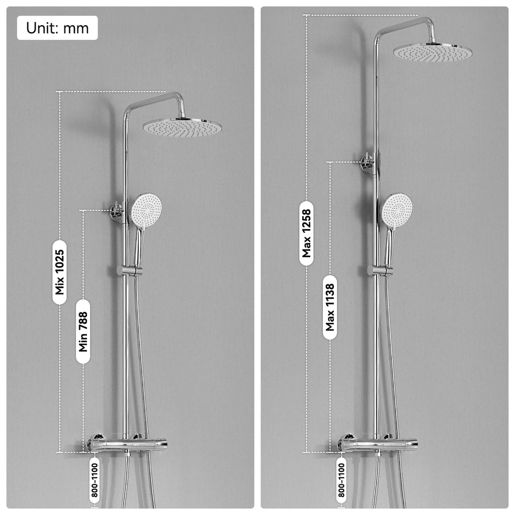 Auralum Shower Column With Thermostatic Tap, 38°C Brass Mixer, Shower Head 25 × 25 Cm, Height Adjustable 102-125cC, Chrome