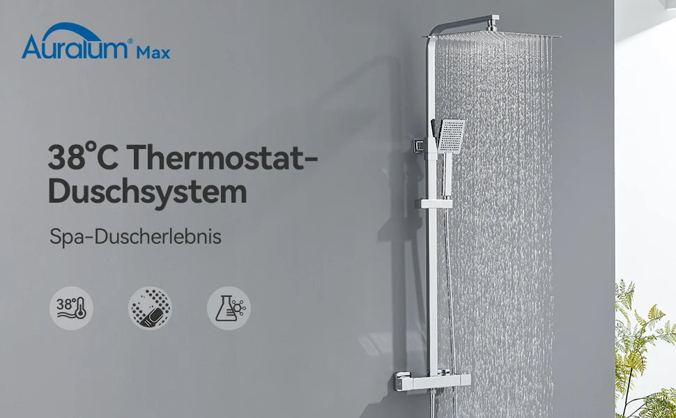 Auralum Thermostatic Shower Column, Stainless Steel with Brass Faucet, 12 inch Large Head Shower, 0.8-1.24 m, Shower System, Chrome, Square