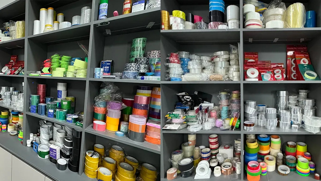 Shelf of assorted tools and supplies near roof flashing tape materials
