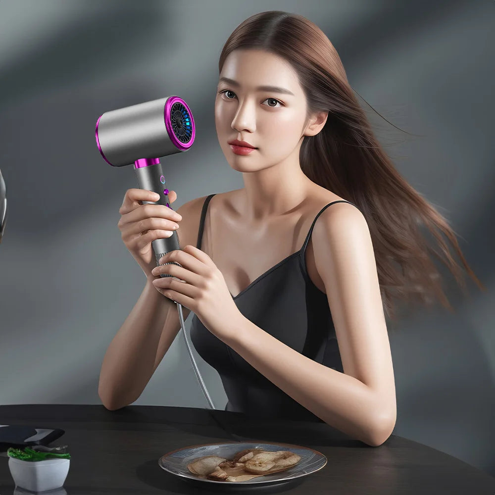 Professional 2400W high-speed hair dryer with silver and pink design, featuring ionic technology for fast, smooth drying.