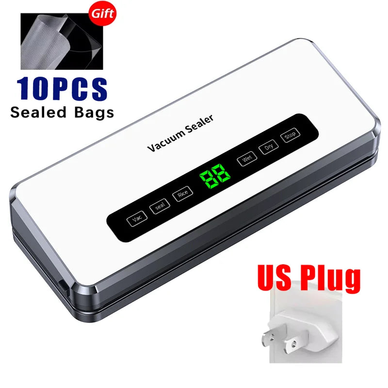 Electric food vacuum sealer with US plug, white body, dark gray base, green display