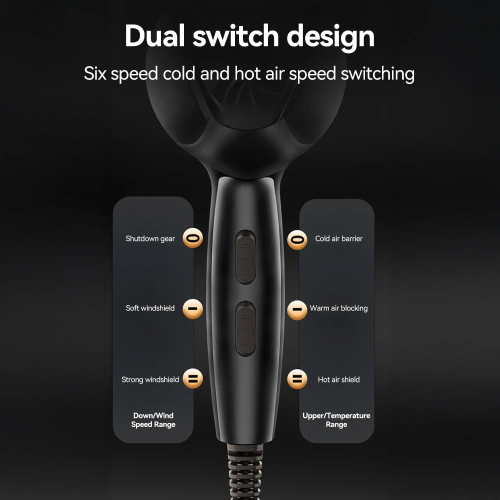 Black 1800W professional hair dryer with dual switch design, 6 heat and speed settings for fast, quiet hair drying.
