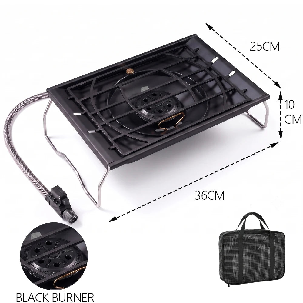 Portable camping stove with black burner grate, foldable legs, and included storage bag