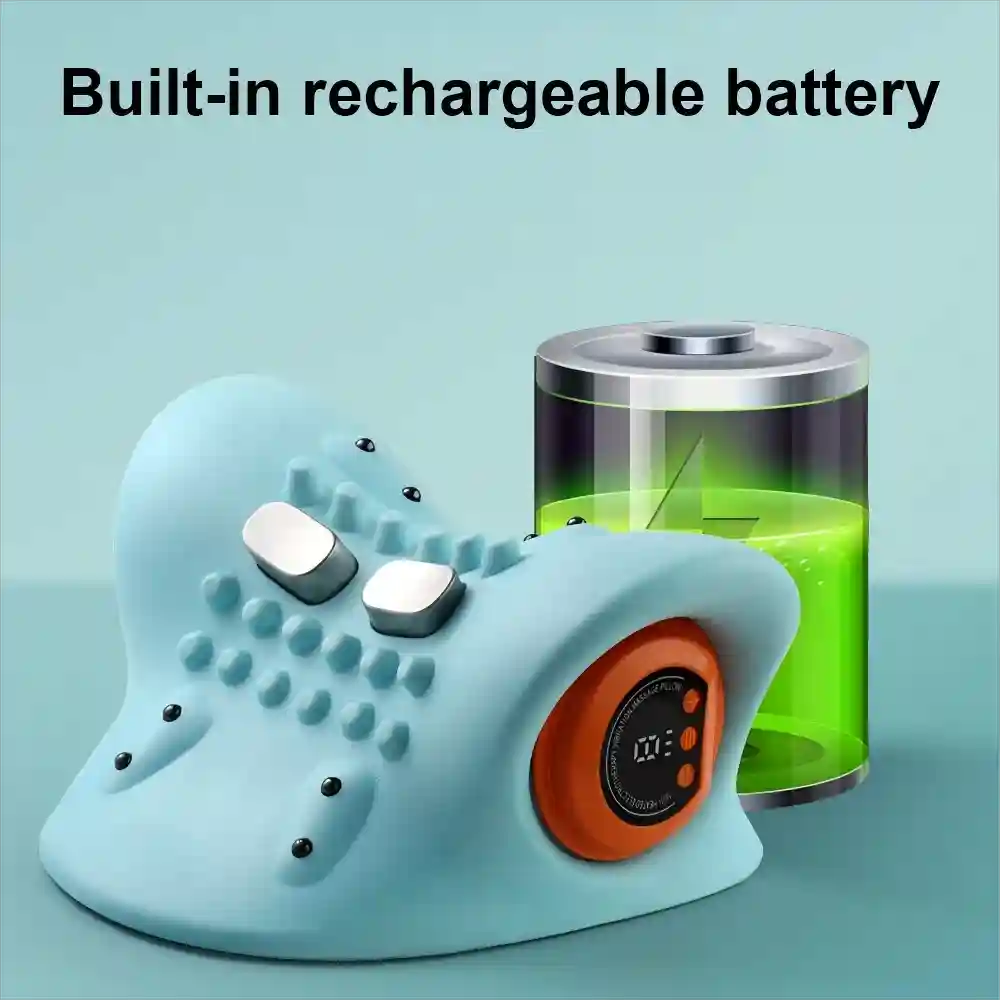 Blue electric cervical neck stretcher pillow with silver nodes, an orange digital control panel, and a battery icon.