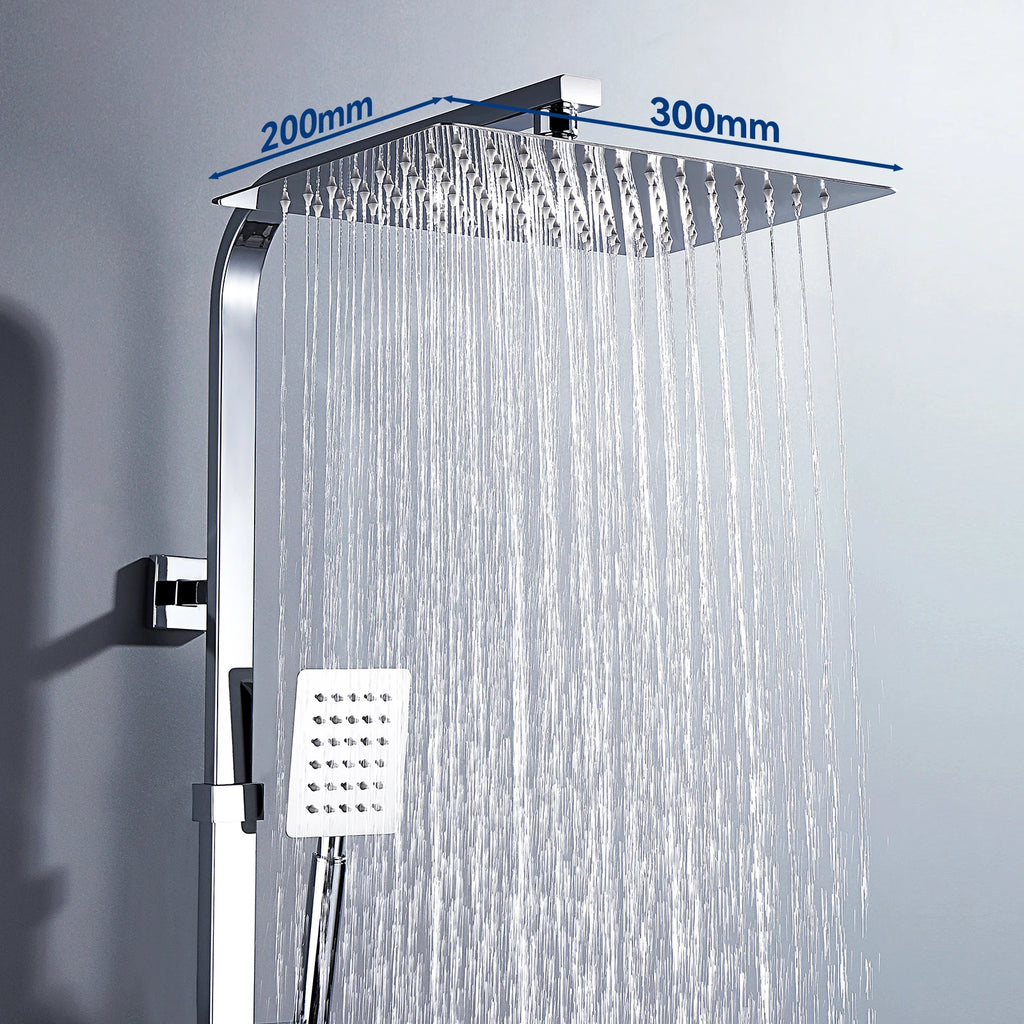 Shower Column with Thermostatic faucet, Wall-mounted Shower System, 30 × 20 cm Rain shower head, suitable for bathtubs