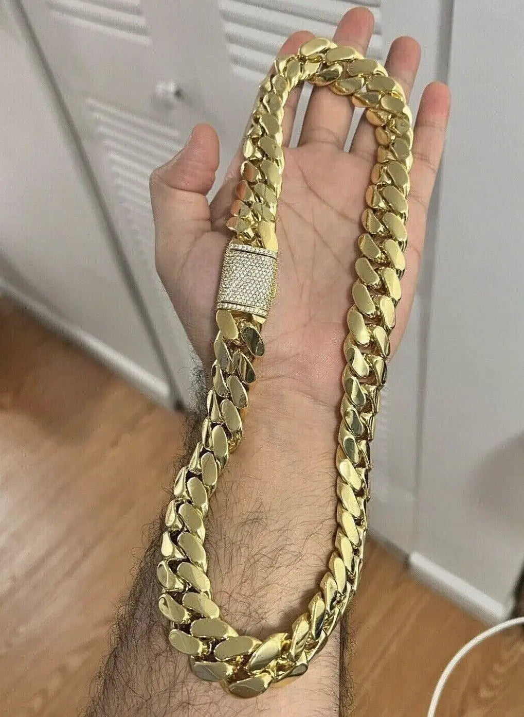 Moissanite 14K Yellow Gold Plated Vintage Tishya Diamond Women's Necklace 14mm X 28/24/22/20/18/16" Miami Link Chain Anniversary