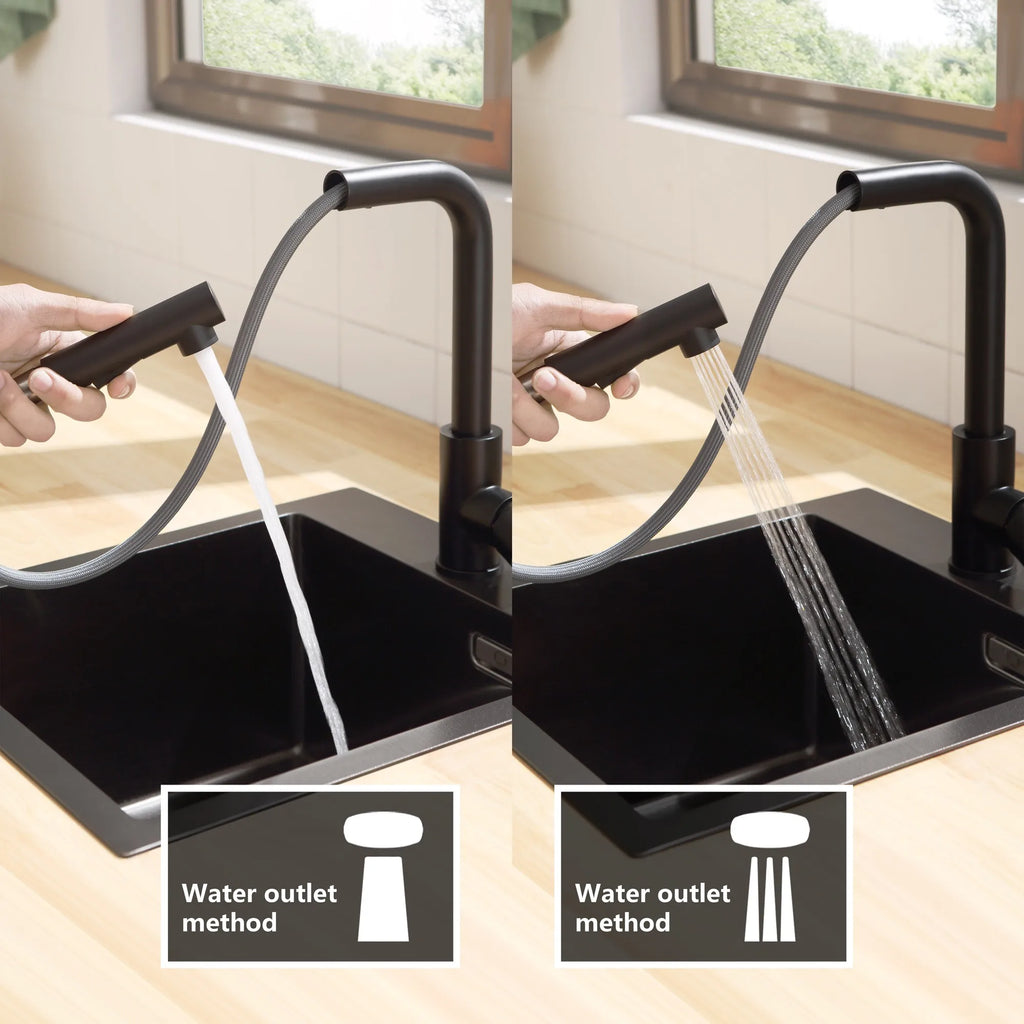 Black Kitchen Faucet with Shower, Kitchen Mixer with Pull-Out Sprayer, 304 Stainless Steel Kitchen Tap, 2-Jet 360° Rotating Sink Faucet