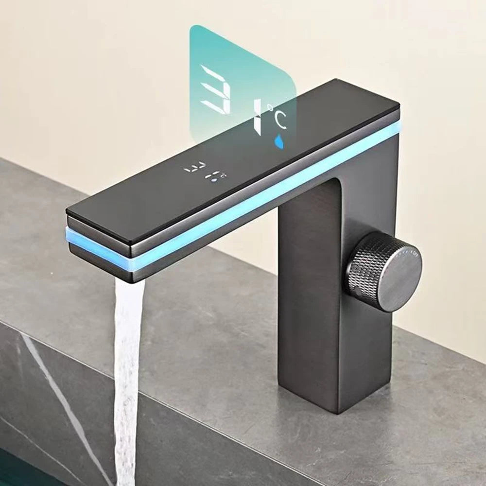 Digital Display Bathroom Basin Faucet Intelligent LED Temperature Display Deck Mounted Washbasin Crane Hot Cold Water Mixer Sink Vanity Tap ﻿