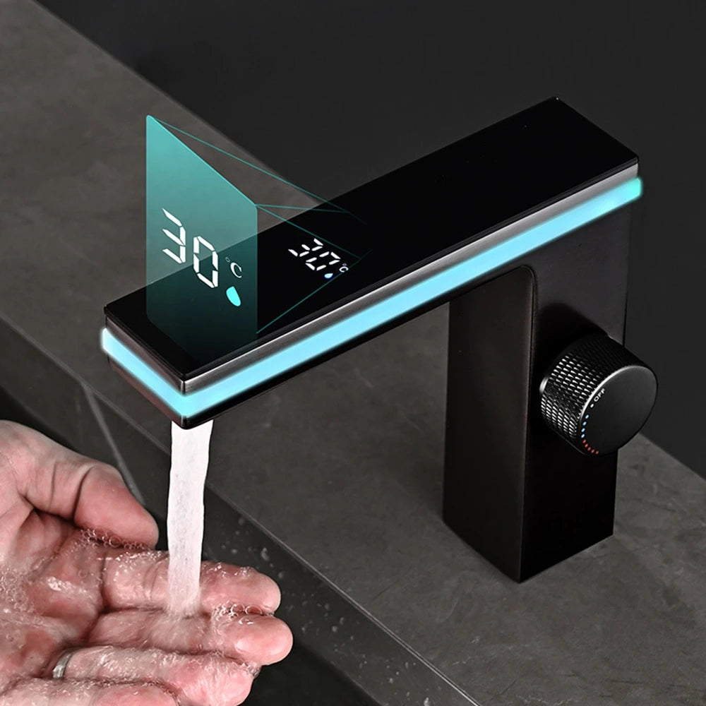 Digital Display Bathroom Basin Faucet Intelligent LED Temperature Display Deck Mounted Washbasin Crane Hot Cold Water Mixer Sink Vanity Tap ﻿