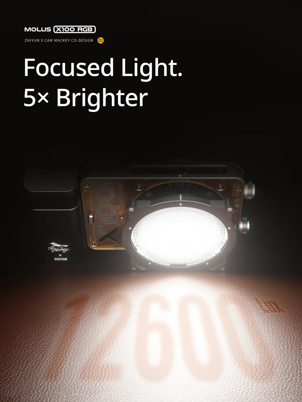 Molus X100 RGB compact portable LED light with a circular lens projecting a bright white beam onto a leather surface.