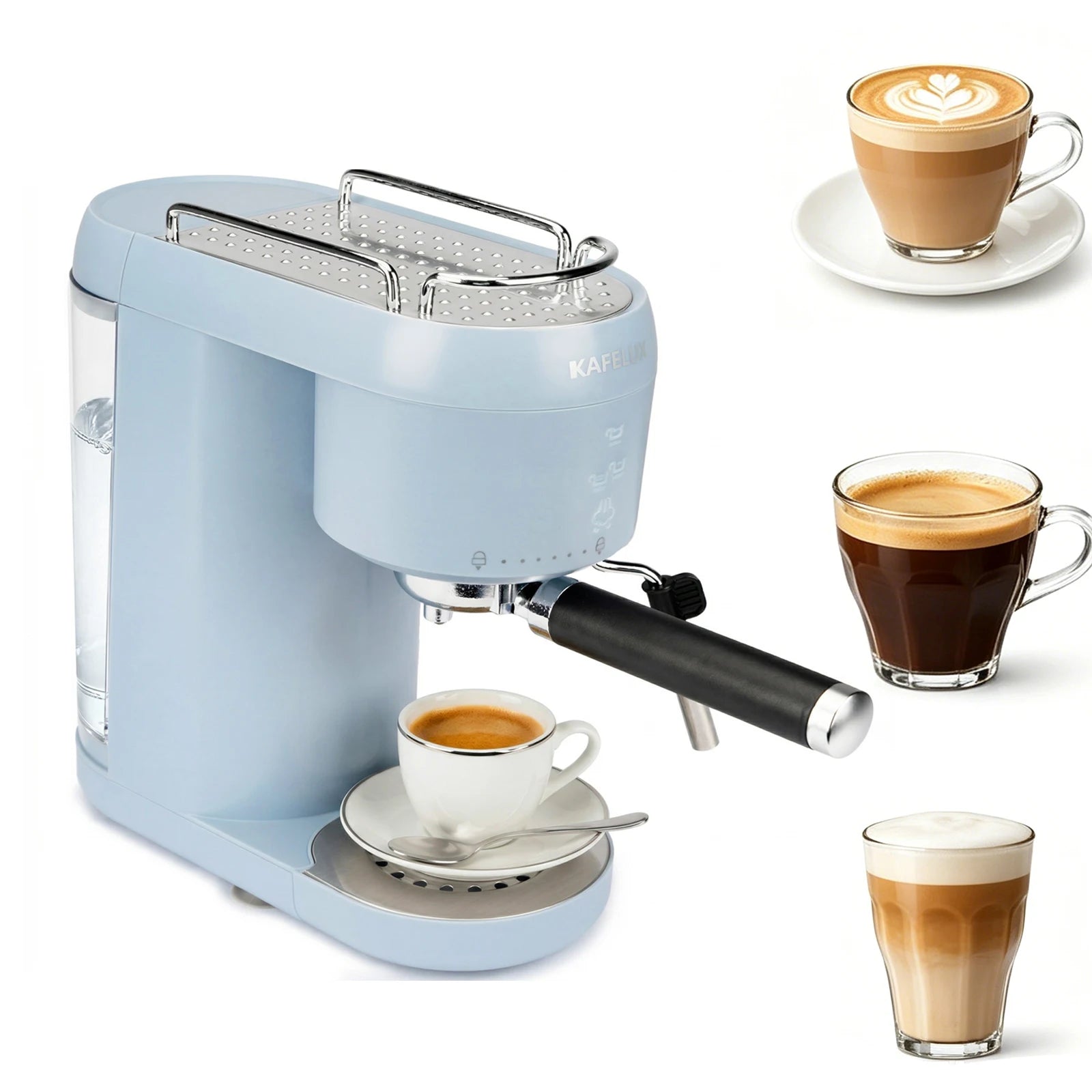 Kafelux light blue espresso machine with portafilter, cup warming tray, and water tank for home coffee brewing.