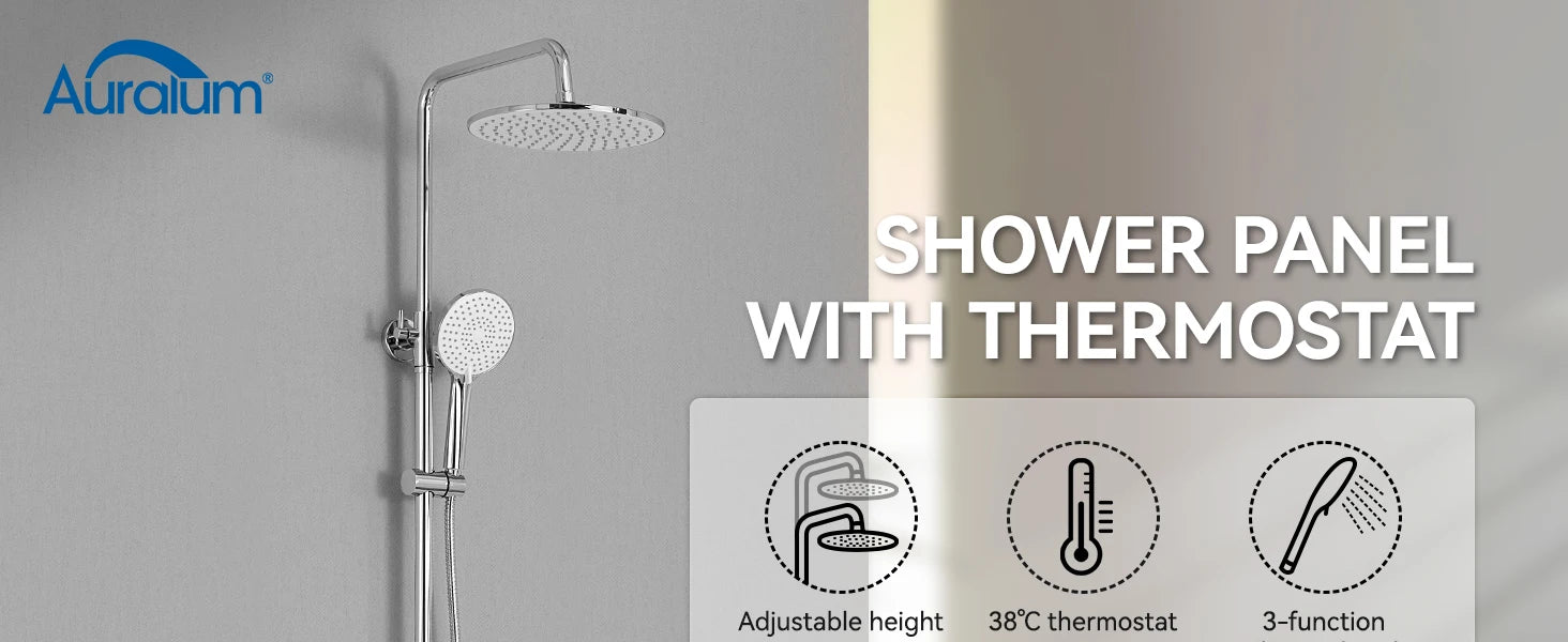 Auralum Shower Column With Thermostatic Tap, 38°C Brass Mixer, Shower Head 25 × 25 Cm, Height Adjustable 102-125cC, Chrome