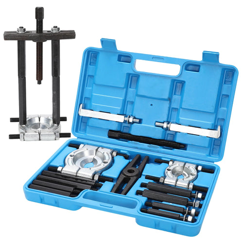 14-piece three-jaw bearing separator puller set in blue case with tools and screws