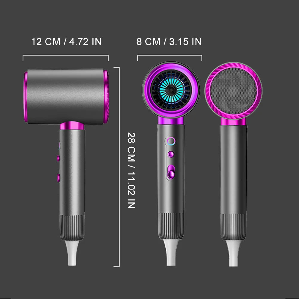 2400W high-speed negative ion hair dryer, grey and purple design with dimensions and cold/hot air control settings.