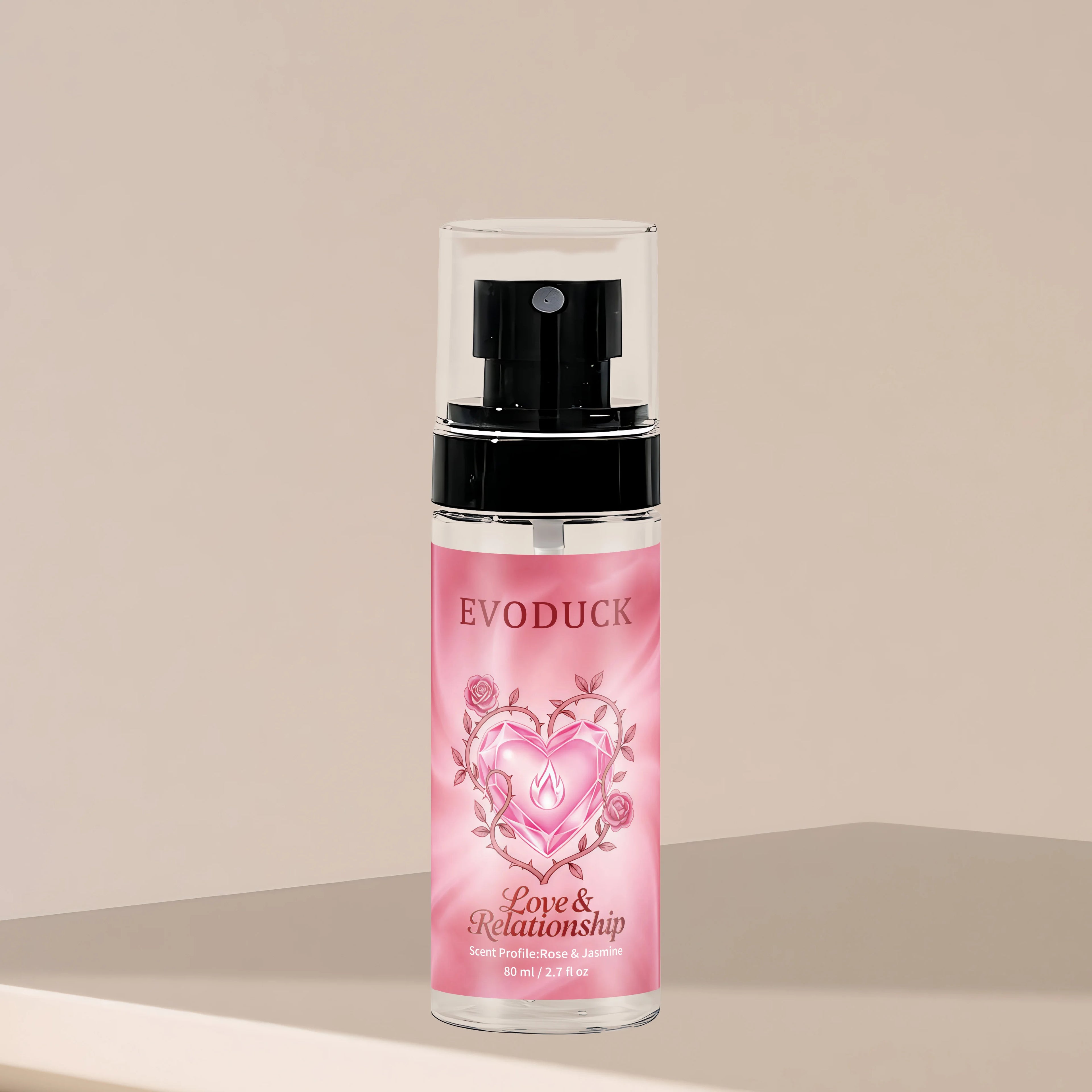Evoduck Love & Relationship rose and jasmine body fragrance mist for women in a 2.7 oz travel-size spray bottle.