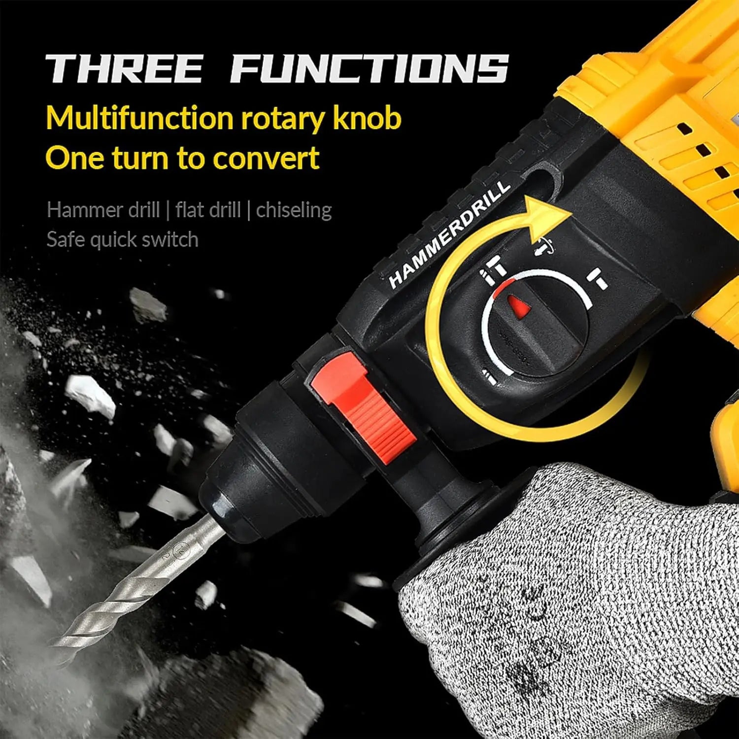 26MM Brushless Electric Hammer Drill Cordless Rotary Hammer High Power Rechargeable Power Tool Multifunctional Impact Drill for Concrete Wood Metal Compatible with Dewalt 18V Battery Home Workshop Construction Use