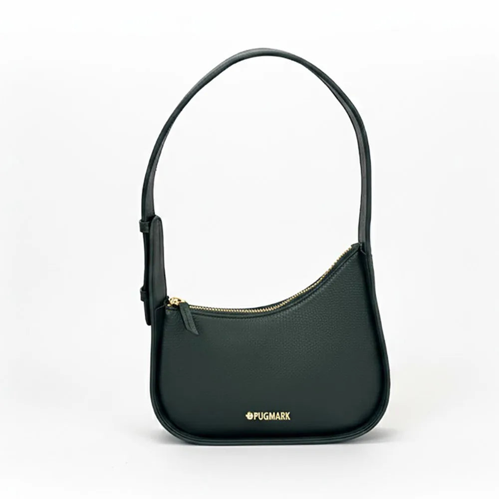 Dark green genuine leather mini shoulder bag with adjustable strap, gold zipper, and Pugmark designer logo.