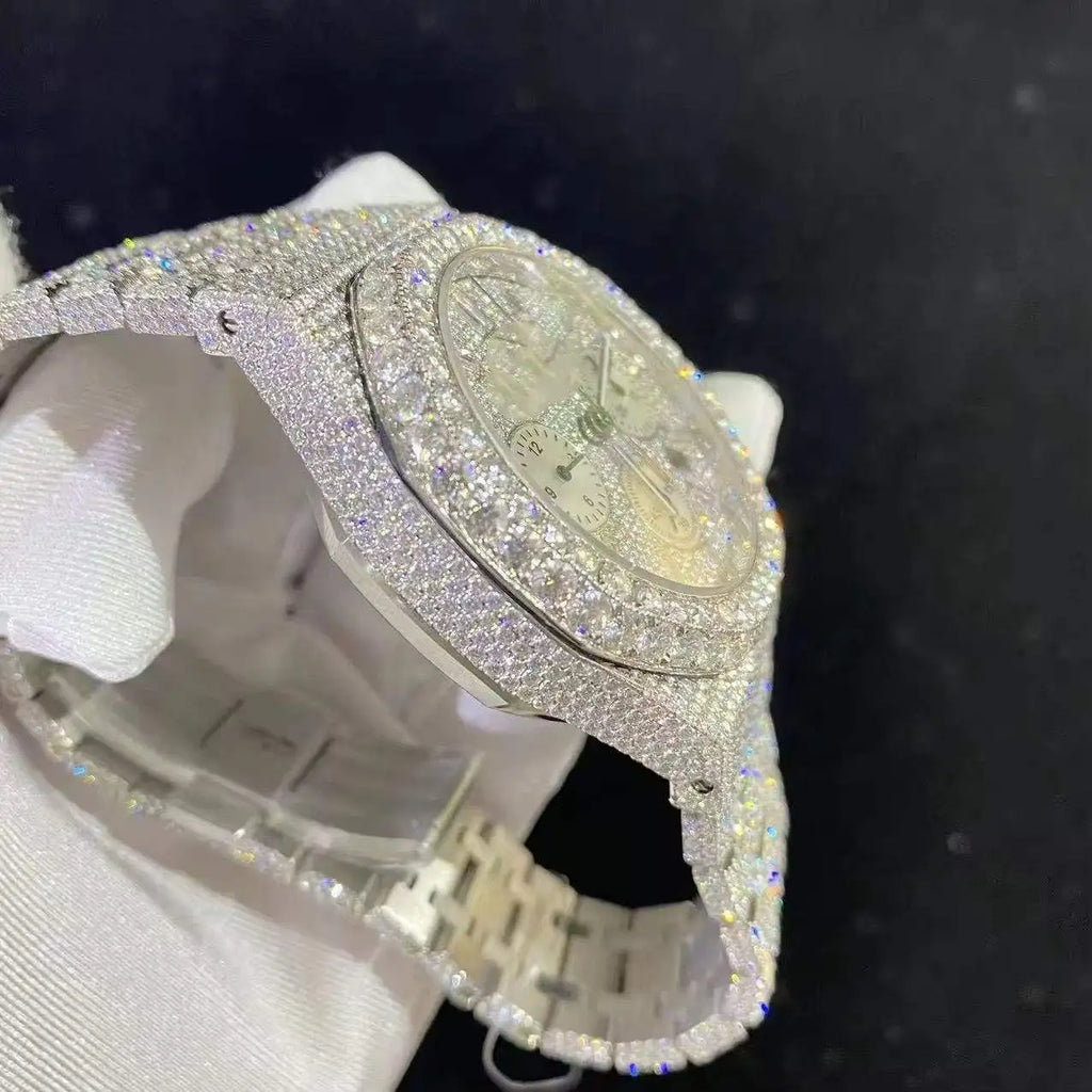 Exquisite Luxury Automatic Mechanical Stainless Steel Watch Premium Moissanite Diamonds Classic Analog Simple Iced Finish