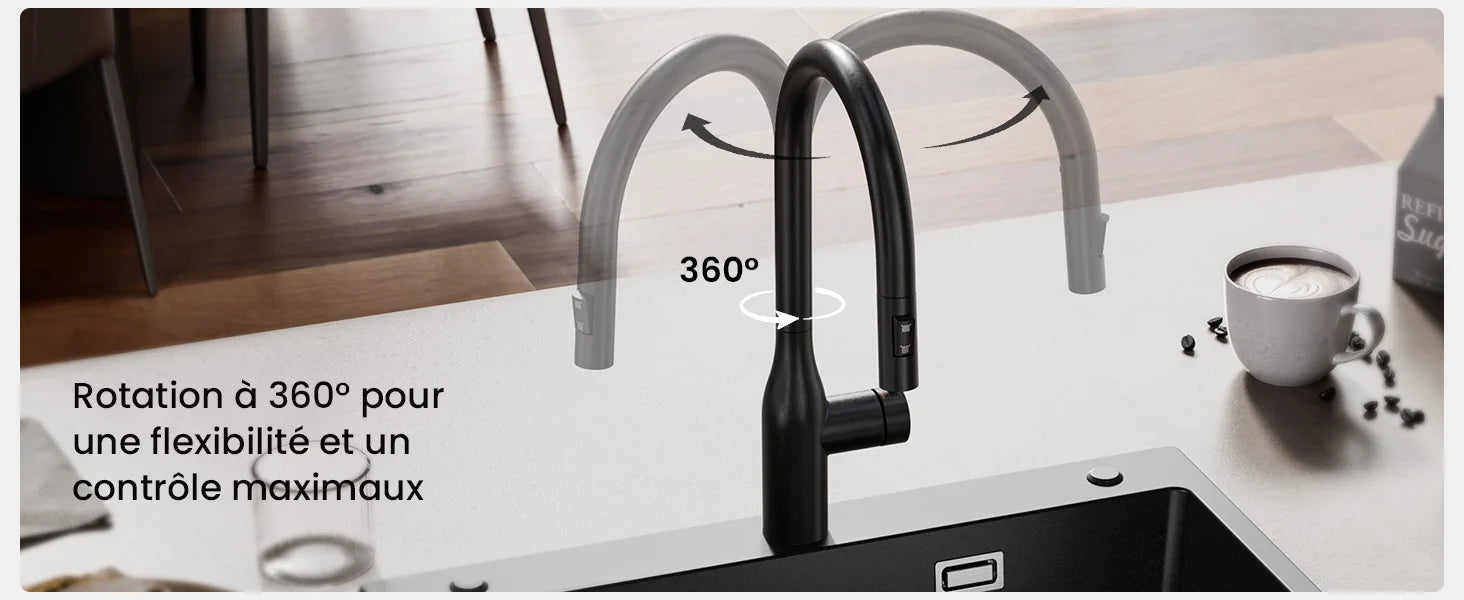 Kitchen Tap Black, Vase Umbrella Shape Pull Down Kitchen Faucet 360 Swivel, 2 Modes Spray Hot Cold Water Mixer, 304 Stainless Steel Sink Mixer, Easy Install DVGW PEX Hose, Standard G3/8 Modern Home Black Water Tap