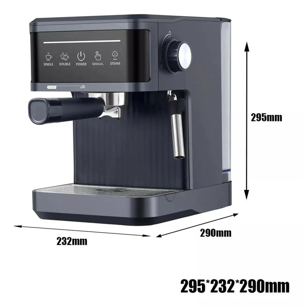 Dark grey compact espresso coffee maker with steam wand and digital touch interface, 295x232x290mm dimensions.