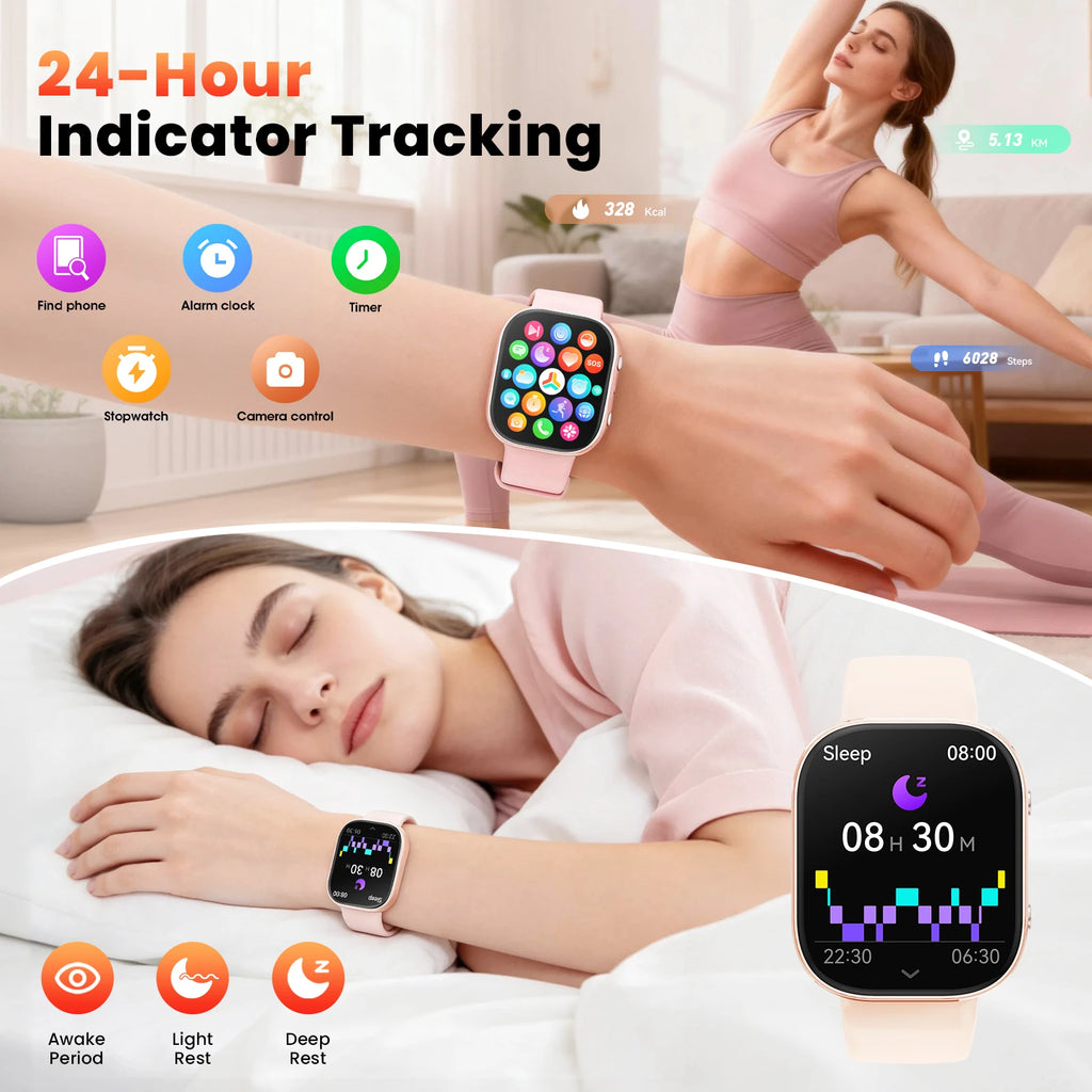 2026 New 1.88 Inch HD Smart Watch Women Bluetooth Call Smartwatch IP68 Waterproof Fitness Tracker DIY Custom Watch Face Sleep Monitor Multi Sports Mode Long Battery Life Message Reminder Smart Watch For Android IOS Ladies Gif