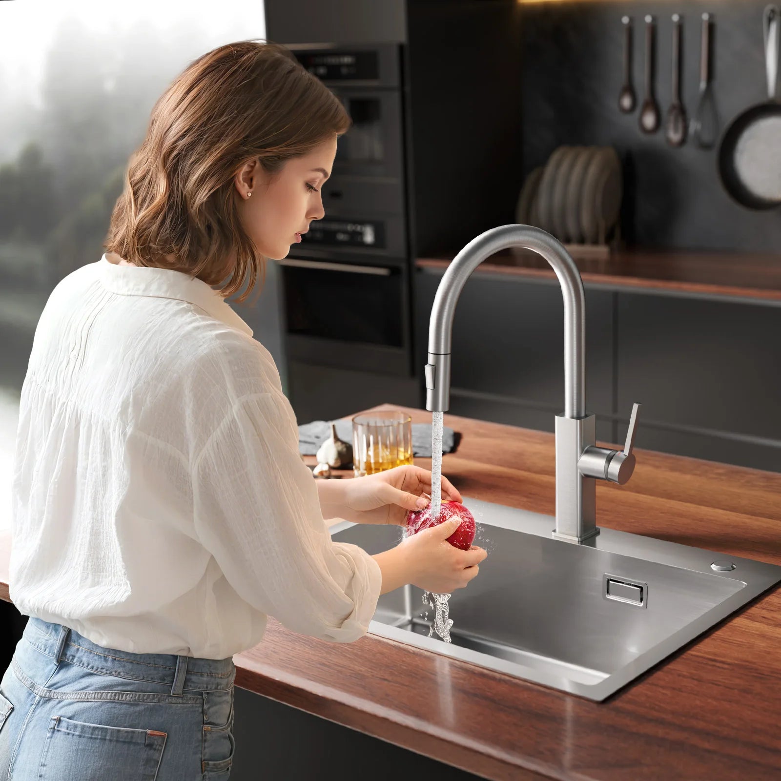 Kitchen Faucet Brushed, Screen Pull-Out Water Tap Kitchen 360 °   Rotatable, 2 Types of Spray Modes Cold Hot Water Stainless Steel 304, G3/8 Dvgw Single Handle Mixer, Sink Faucet Easy Installation