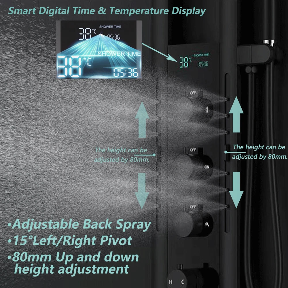Wall Mounted Light Shower Faucet Panel LED Digital Display Shower Faucet Set Shower Screen Waterfall Bathroom Shower System Set
