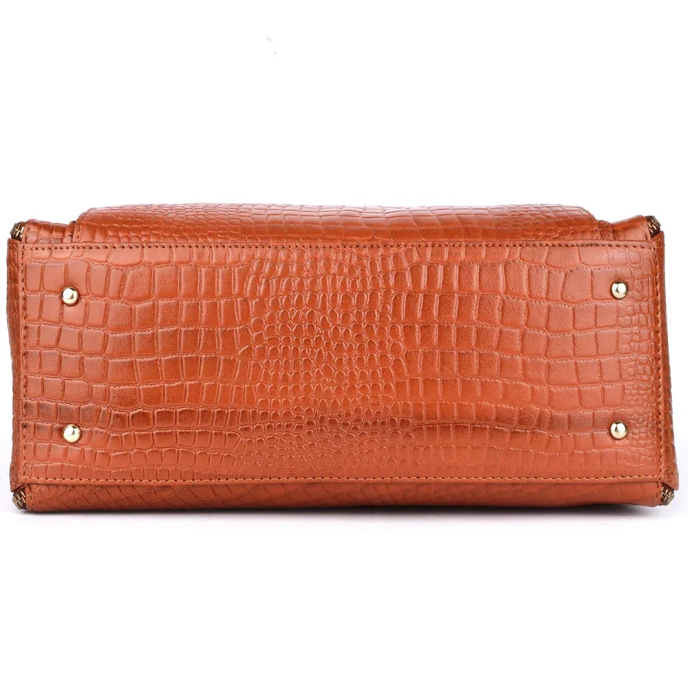 Tan crocodile-embossed PU leather designer handbag with protective gold base studs and durable zipper side closure.