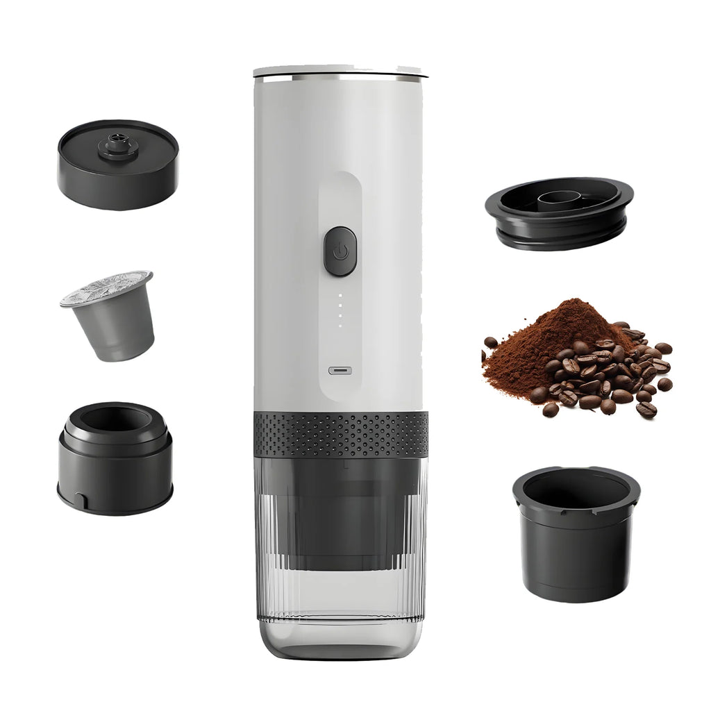 White portable electric coffee maker for ground coffee and capsules with accessories and charging port on white background.