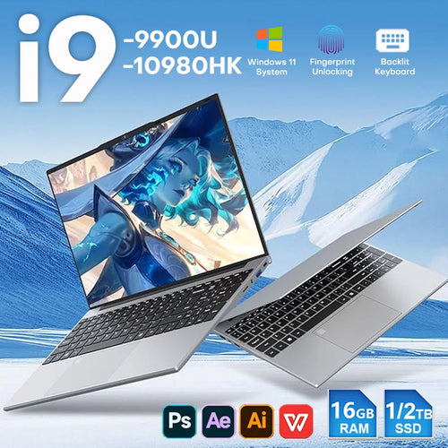 Silver 15.6-inch laptop with thin bezels, black keyboard, integrated trackpad, and side ports against a snowy background.