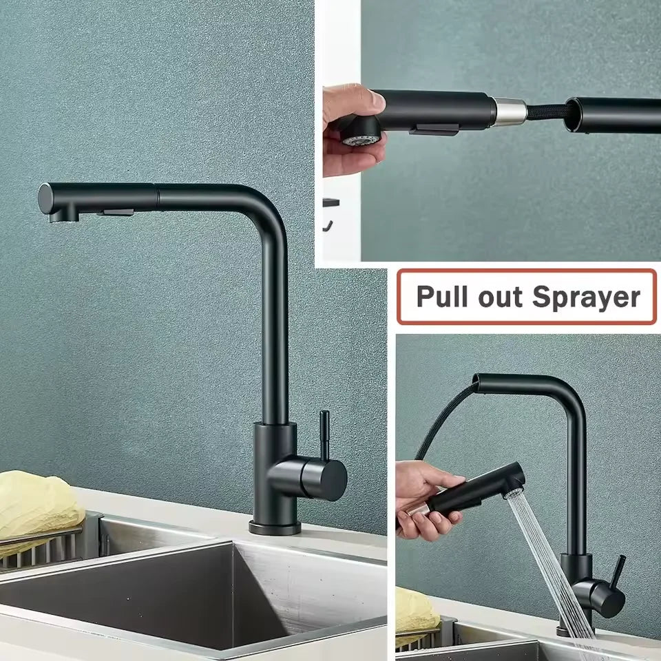 2 Modes Stream & Sprayer Matte Black Kitchen Faucet, Pull Out Sprayer Hot Cold Water Mixer Tap, Sink Faucet for Home Kitchen