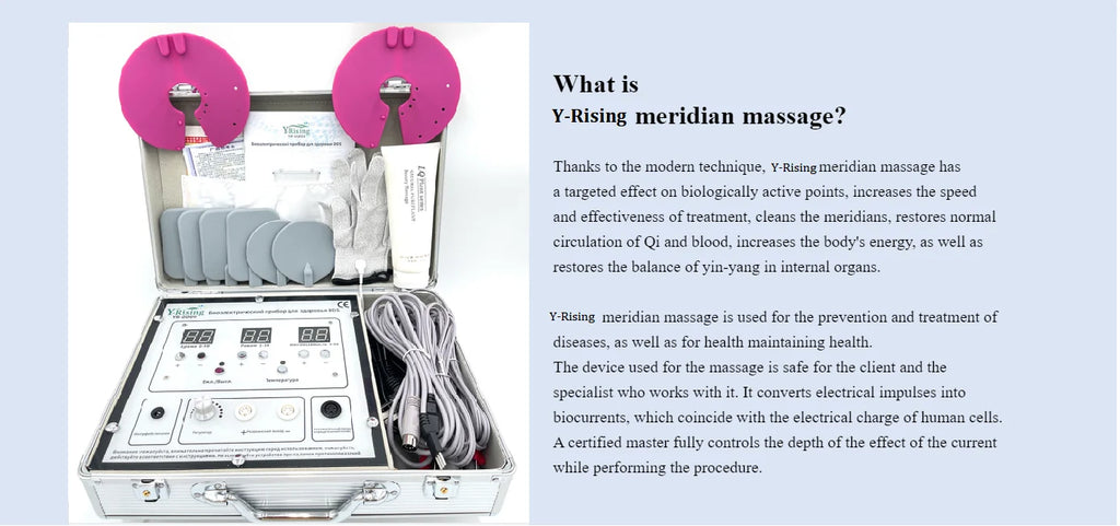 DDS bioelectrical body therapy massager kit with control panel, pink electrodes, and accessories in a silver case.
