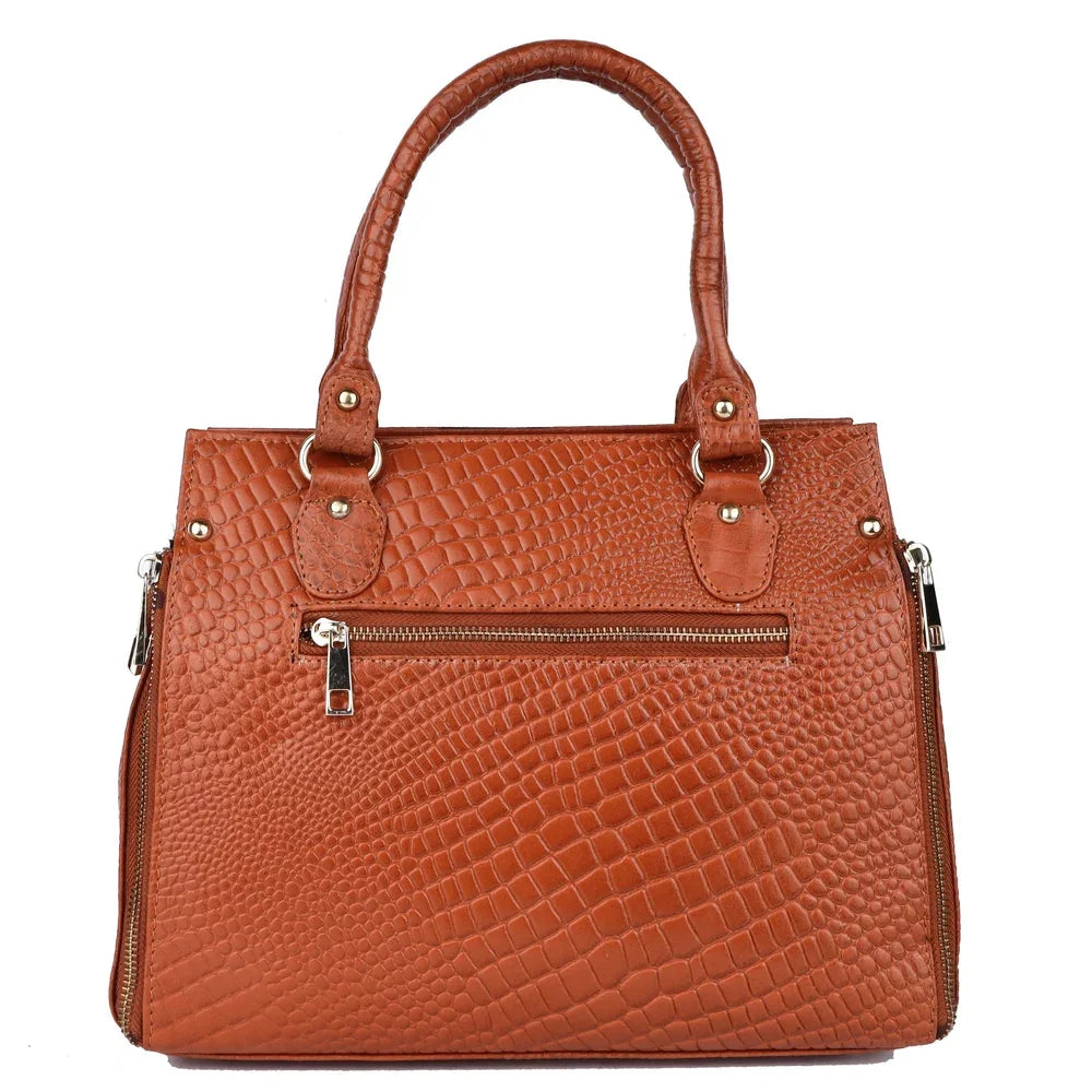 Brown crocodile-embossed PU leather designer handbag with a top handle, durable zipper closures, and travel-ready style.