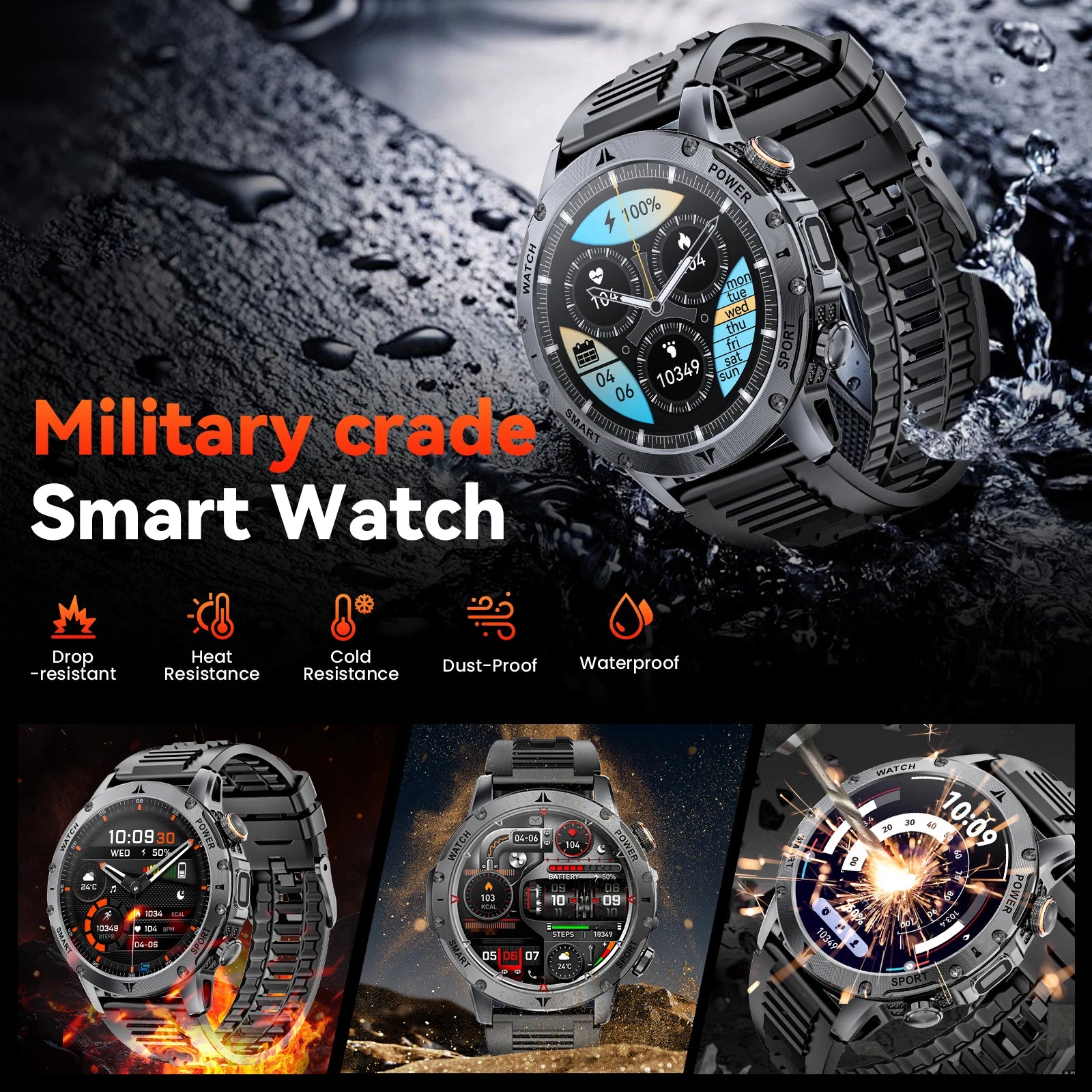 Men Military Smart Watch 1100mAh Large Battery 30 Days Standby Bluetooth Call Flashlight Compass 1.7" TFT HD 360*360 Screen IP68 Waterproof Sports Smartwatch 100+ Sport Modes Heart Rate Sleep Monitor Fitness Tracker For Andro