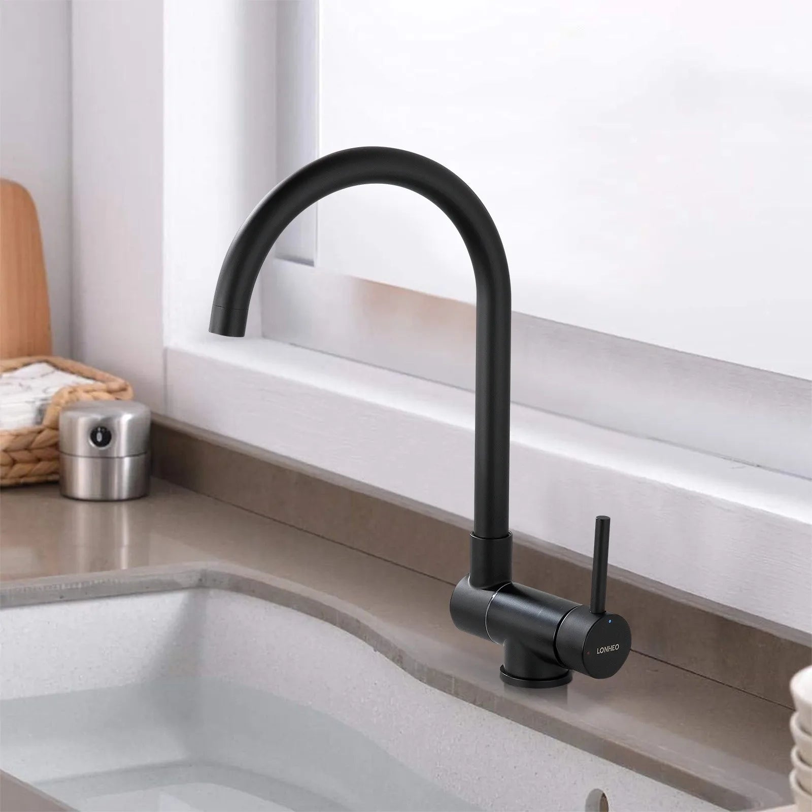 Black Folding Kitchen Mixer, Foldable Kitchen Faucet Against Window in 304 Stainless Steel, 360° Swivel Kitchen Faucet