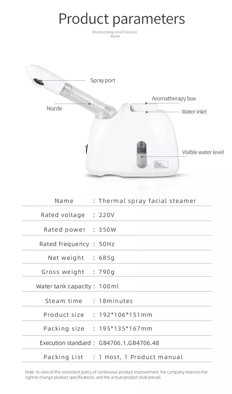 White ozone facial steamer for home spa skin care with adjustable nozzle, aromatherapy box, and visible water tank.