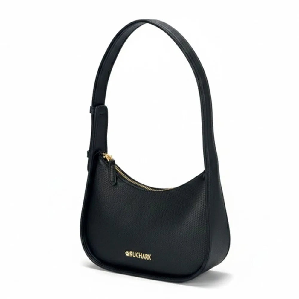 Black genuine leather designer mini shoulder bag with gold zipper, adjustable strap, and textured finish.