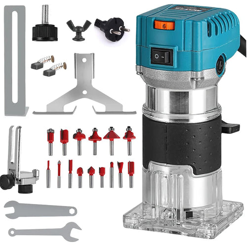 Blue electric wood router with transparent base and included milling accessories
