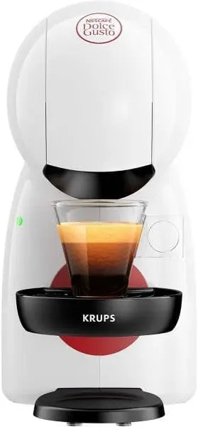 White Krups Nescafe Dolce Gusto capsule coffee machine with a glass of fresh espresso.