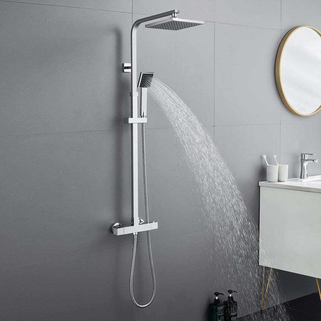 Shower column with thermostatic mixer tap, stainless steel square column, height 85-cm, geometric Minimalist style