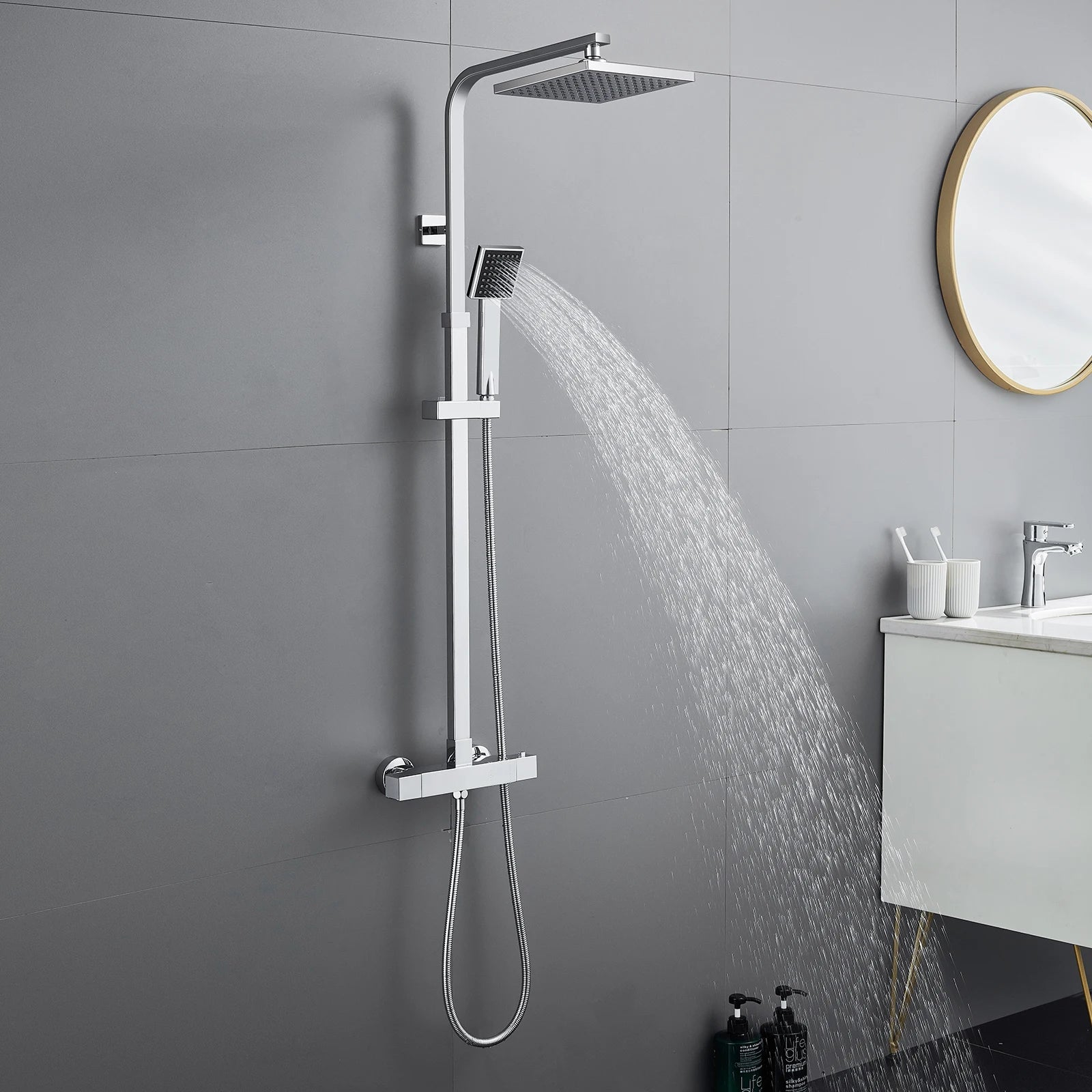 Shower column with thermostatic mixer tap, stainless steel square column, height 85-cm, geometric Minimalist style