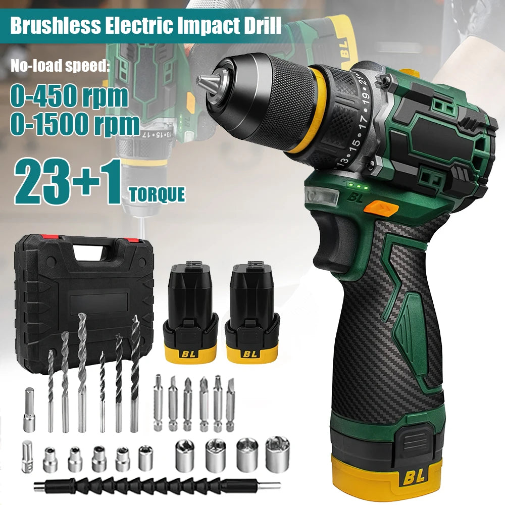 55N.M Torque Brushless Electric Impact Drill 10MM Metal Ratchet Chuck 23+1 Cordless Drill Electric Screwdriver DIY Power Tools