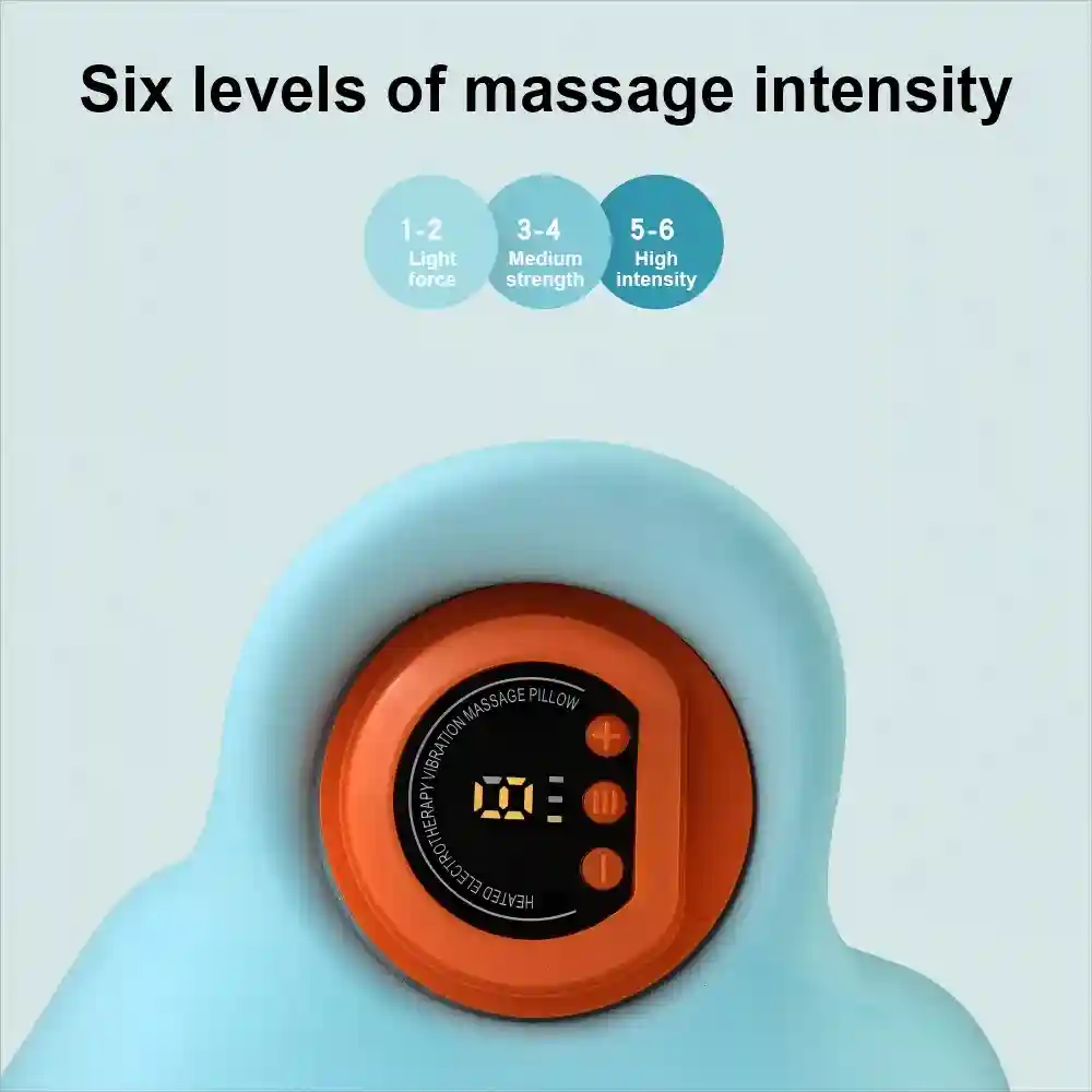 Light blue cervical neck massager with an orange control panel showing six intensity levels on a digital display.